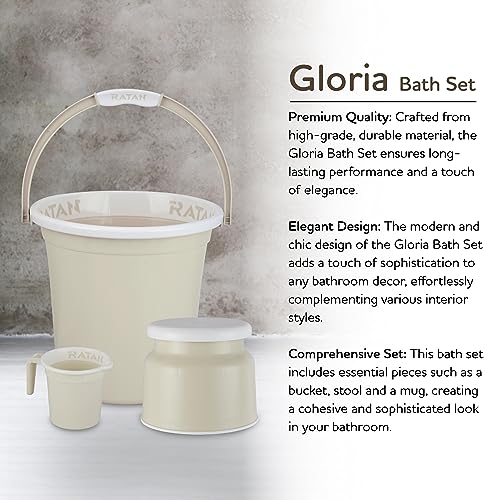 Image of RATAN PLASTICWARE Plastic Bathroom Set of 5 Pieces Combo Pack Gloria Plain 18 Liters 2 Pieces Bucket + Nova Stool Patla 107 + Two Gloria Plain Bath Mug 1 Liter Color Twist Beige