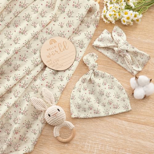 Image of Newborn Swaddle Set with Matching Hat and Headband Bow, Wooden Birth Announcement Card, Muslin Baby Swaddle Blankets for Girls, Wildflower Pattern