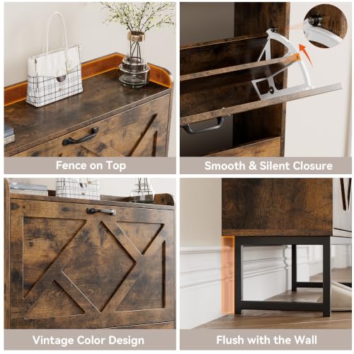 Image of Nicetree Shoe Storage Cabinet with 2 Flip Drawers, Freestanding Wood Shoe Organizer with Metal Legs, Farmhouse Slim Shoe Rack for Entryway, Foyer, Hallway, Rustic Brown