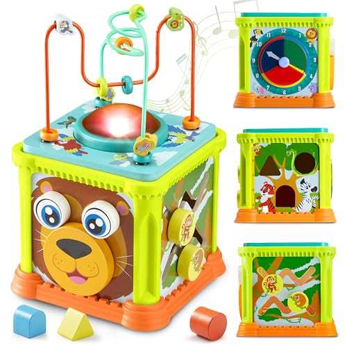 Image of SYNCFUN Wooden Activity Cube, Baby Toys with Music and Light, Montessori Toys for 1+ Year Old,Toddler Educational Learning Birthday Gift for Boys and Girls, Jungle Animal Themed Cube