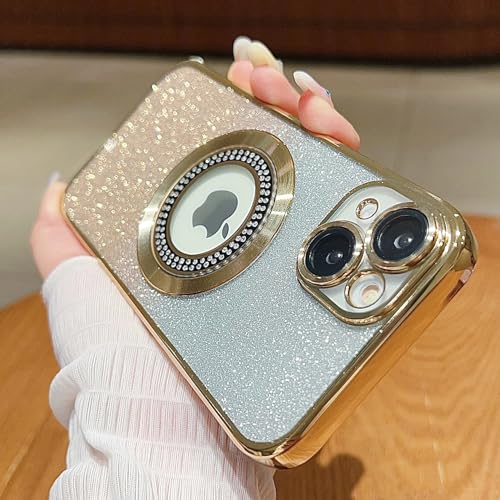 Image of Misscase for iPhone 14 Plus Magnetic Glitter Case Compatible with MagSafe,Full Protection Slim Shockproof Anti-Scratch Case with Camera Lens Protector Logo View Dust-Proof Net for Women Gold