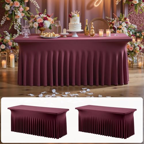 Image of 2 pk Burgundy Spandex Tablecloth 6ft with Ruffled Tables,Wrinkle Free High-Stretch Fitted Table Cloths for 6 Foot Rectangle Tables,Elastic Maroon Spandex Table Covers 6 ft for Weddings Banquet Dinning