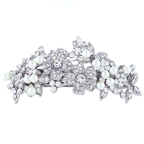 EVER FAITH Bridal Silver-Tone Flower Simulated Pearl Hair Barrette Clear Austrian Crystsal