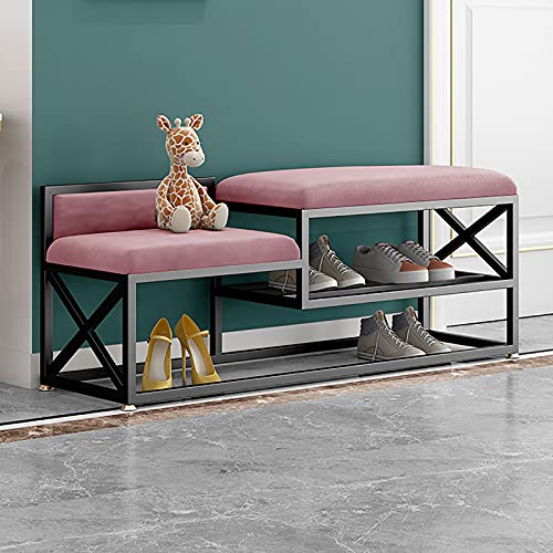 Banc à chaussures d'entrée en métal avec étagère de rangement et double siège confortable - 6