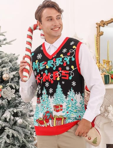 RAISEVERN Ugly Christmas Sweater Vest Mens Funny Knitted V-Neck Jumper Holiday2