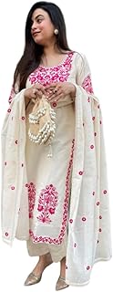 GoSriKi Kurta Sets for Women Viscose Embroidered | Kurta Pant Dupatta Set | Straight Kurti Set for Women | Round Neck 3/4 ...