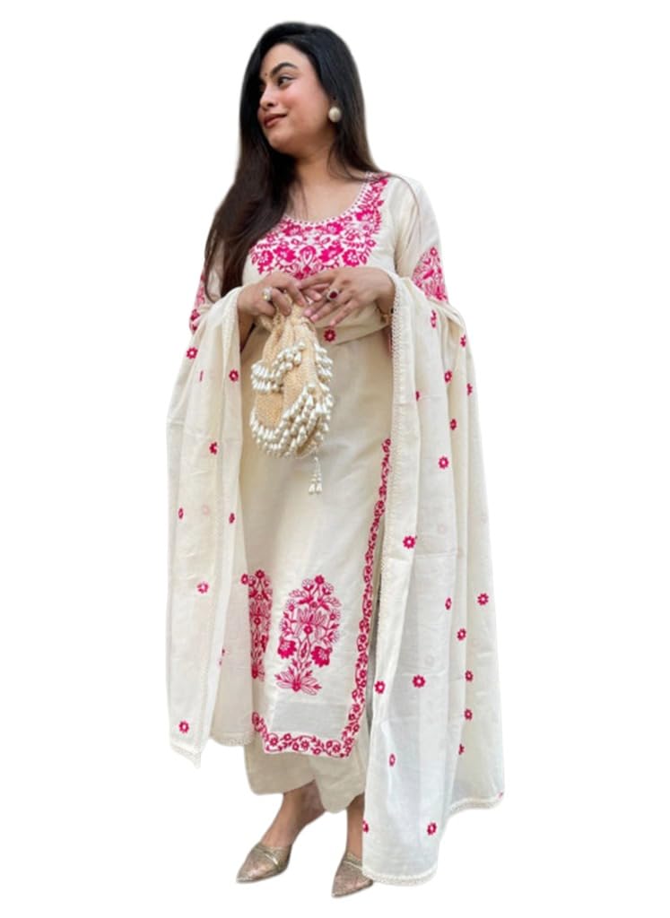 Women's Rayon Viscose Embroidered Straight Kurta with Pant & Dupatta