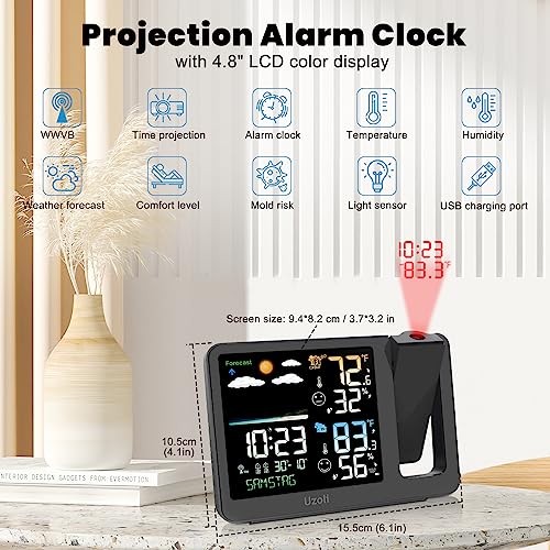 Uzoli EM3539A Projection Alarm Clock Weather Station, Wwvb Atomic Projector Clock With Sensor, Adjustable Backlight, Indoor Outdoor Temperature Humidity, Digital Projection Clock thumb #1