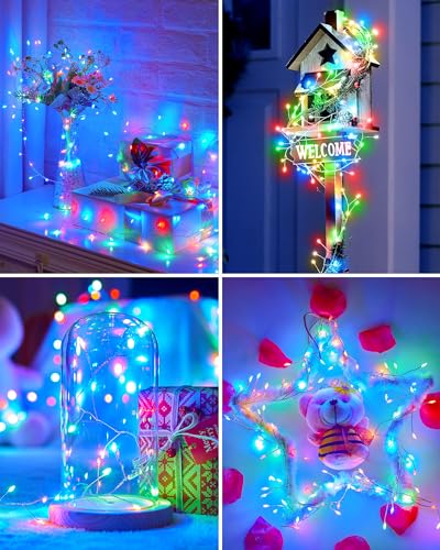 Image of 2Pack Battery Operated Fairy Lights, 10 Ft 120LEDs Firecracker String Lights Waterproof Silver Wire Starry Firefly Light for DIY Wreath Home Wedding Indoor Outdoor Christmas Decorations, Multicolor