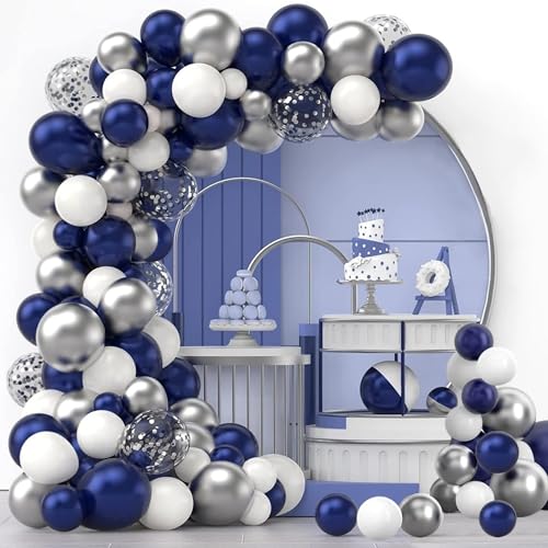 Arche Ballon Bleu Kit, 120 Pièces Bleu Blanc Argent Guirlande