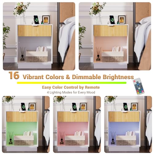 Image of Fluted Nightstands Set of 2 with Charging Station & Built-in LED Lights, Bedside Tables with Wave Pattern Drawer & Open Shelf, Safe for Kids, Bedroom Storage