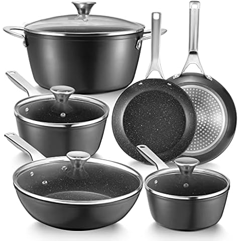 Fadware Induction Cookware Sets, Nonstick Pots and Pans Set 10 Piece, Dishwasher Safe Kitchen Cooking Pan, Includes Frying Pans, Saute Pan, Saucepans & Stockpot, Black Cover