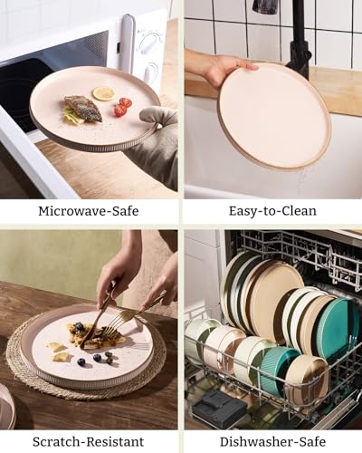 Image of Famiware Stoneware Dishes Dinnerware Sets for 6, Plates and Bowls with Trim