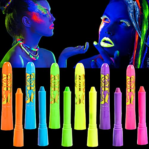 12 Pack Luminous Face Paint Crayons, Washable Glow in The Dark Face Body Paint, Neon Face Body Paint Sticks Fluorescent Mardi Gras Halloween Face Paint Makeup for Kids Adult (6 Colors)