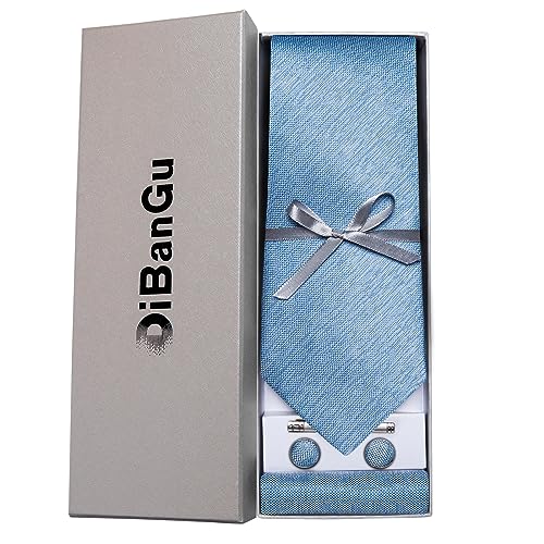Image of DiBanGu Mens Silk Necktie Solid Color Tie and Pocket Square Cufflink Tie Clip Set Woven Plain Ties for Men Wedding Party