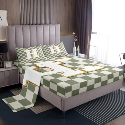 Image of Erosebridal Sage Green Checkered Sheet Set Queen Plaid Initial H Bed Sheets Personalized Monogram Bedding for Kids Boys Girls,Fashion Grids Gingham Bed Sheets Set 4 Piece