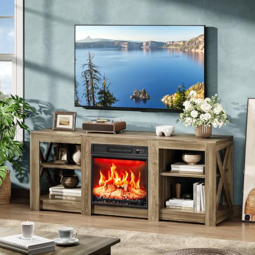 VINGLI 58" Fireplace TV Stand with 4 Adjustable Shelves, Gray Oak