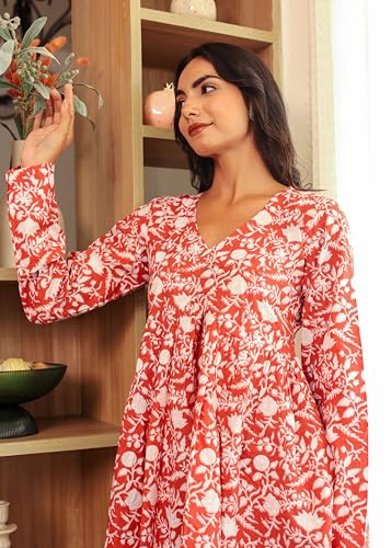 Image of Label ADRIJA Women's V Neck Block Print Anarkali Cotton Relaxed Fit Short Kurti Orange, 3XL