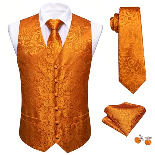 Image of Barry.Wang Mens Orange Suit Vest Jacquard Silk Flower Ties Handkerchief Cufflinks Waistcoat Set Formal Wedding Tuxedo 5PCS