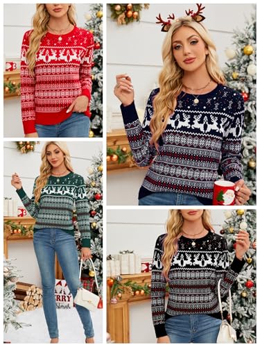 Image of Women's Christmas Sweater,Crew Neck Long Sleeve Soft Warm Winter Snowflake Reindeer Xmas Pullover Tops