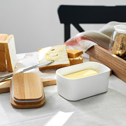 Sweese 303.101 Butter Dish, Porcelain Butter Dish with Beech Wooden Lid, Removable Silicone Seal, White