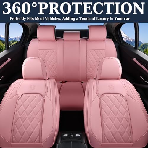 Image of Coverado Car Seat Covers Full Set, Pink Leather Seat Covers for Cars, Universal Waterproof Car Seat Cover, Luxury Front and Back Car Seat Protector, Automotive Seat Covers Fit for Most Cars, Pink