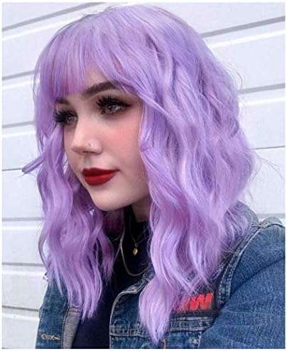 QACCF Purple Wig with Bang Short Wavy Shoulder Length Full Bang Pelucas Women Bob Purple Lavender Wig (Lavender)