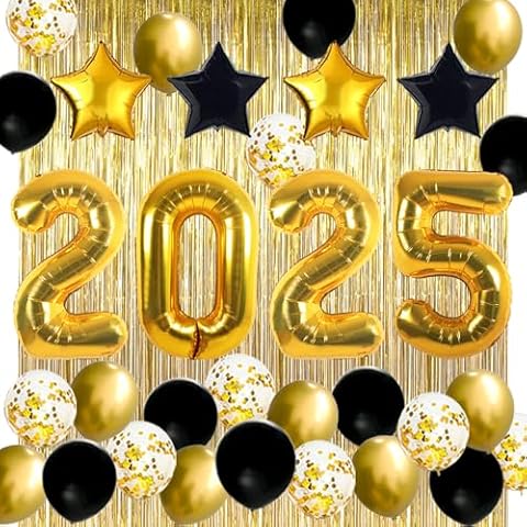 JOJO FLY New Years Eve Party Decorations Kit, Gold 2025 Balloons, Black and Gold Balloons Set, Gold Foil Curtain, Graduation Decorations, New Years Eve Party Supplies 2025 Cover