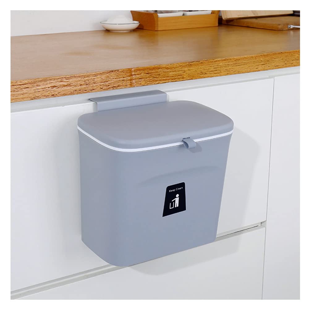 Small Kitchen Hanging Trash Can 7L With Lid?Garbage Can Home Waste Bin Domestic Rubbish Bin Gray