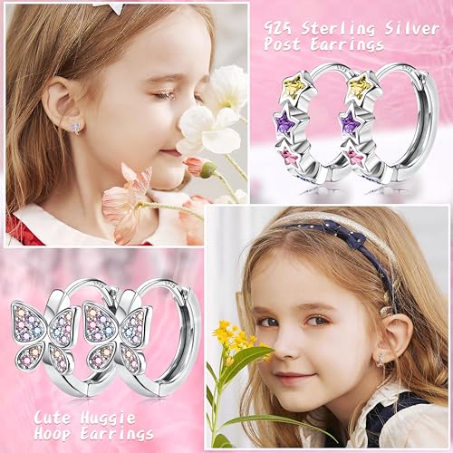 925 Sterling Silver Post Small Hoop Earrings For Girls - Hypoallergenic Huggie Earrings for Women Cute Heart Flowers Butterfly Star Cubic Zirconia Cartilage Earrings For Sensitive Ears 4Pairs3