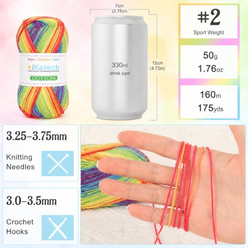 Image of Katech 1OO% Rainbow Cotton Yarn for Crocheting-2 Sport Weight Baby Yarns