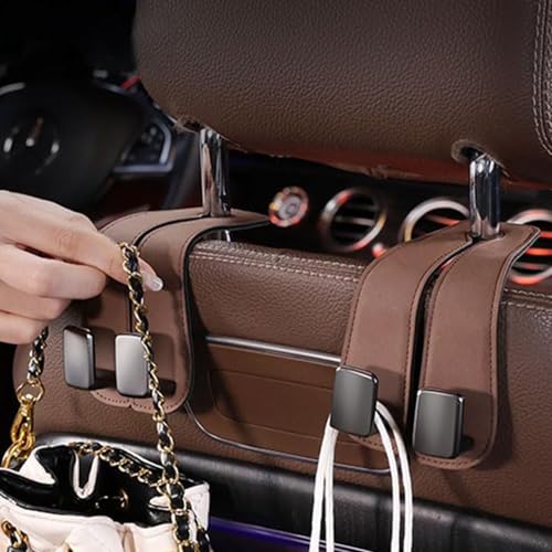 Image of 2 Pack Brown Leather Car Headrest Hooks Purse Bag Storage Holders for Car Seats