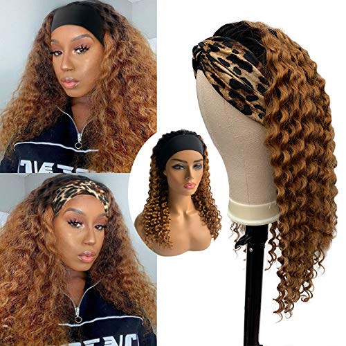 18" Brown Curly Headbands Wig Non Lace Front Wigs Ombre Human Hair Wavy Half Wigs 150% Density for Black Women Can Get 3 Random Scarfs Free