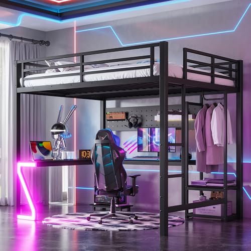 Image of Bellemave Full Size Metal Loft Bed with L-Shaped Desk, Z-Shaped LED Lights & Charging Station, Heavy Duty Loft Bed Frame with Hanging Rod for Kids, Teens & Adults, Space Saving,Black