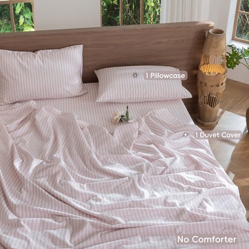 Image of MooMee Striped Duvet Cover Set 100% Washed Cotton Linen Like Twin | Relaxed Linen-like Texture. Soft, Breathable & Long-lasting Comfort. Lightweight. Hidden Zipper with 8 Interior Corner Ties