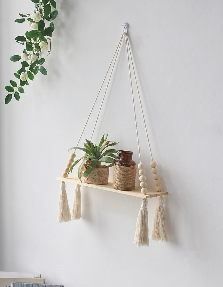 MPIRE® Boho Hanging Wall Shelf Décor with Wood Beads and Tassels Rustic Floating Rope Shelf for Plants, Décor and Storage for Bedroom, Living Room Nursery-picture-44