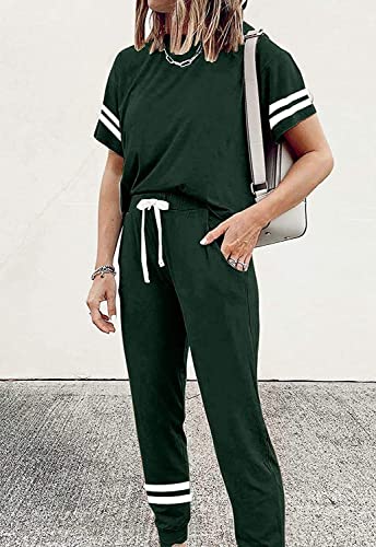 Image of PRETTYGARDEN Women's Two Piece Outfits Striped Short Sleeve Pullover and Long Pants Tracksuit Pajama Lounge Jogger Sets