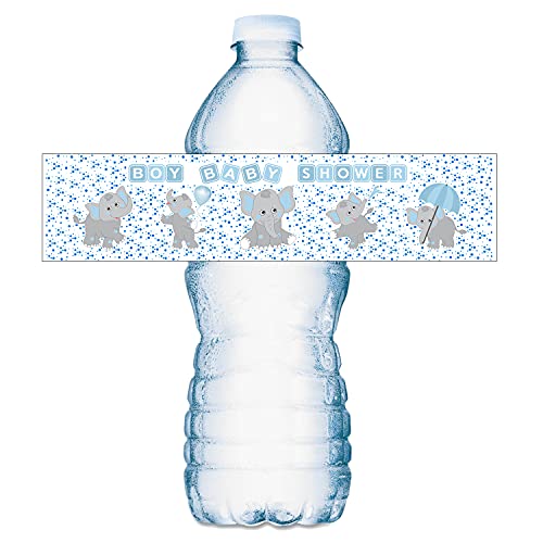 25 Blue Elephants Water Bottle Labels for Baby Shower Party ; Waterproof Water Bottle Wrappers; Its a Boy Water Bottle Stickers Labels Decorations. Made in USA