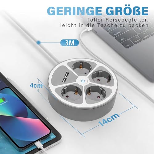 Realmade 4-Fach Steckdosenleiste mit 2 USB-A, 3m Kabel, Überspannungsschutz für Zuhause, Büro und Familie 3680W 16A Weiß – Ansicht 2