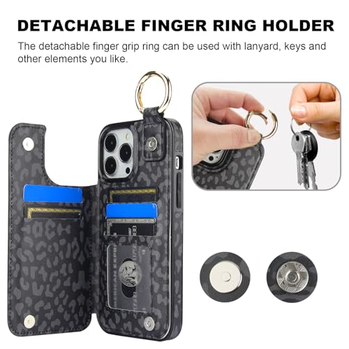 Image of HAOPINSH for iPhone 13 Pro Max Wallet Case with Card Holder, Black Leopard Cheetah Print Back Flip Folio PU Leather Kickstand Card Slots Case, Finger Grip Ring Double Magnetic Cover 6.7 inch