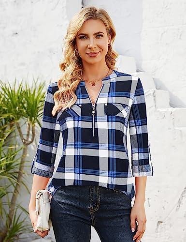 Image of Bulotus 3 /4 Length Sleeve Womens Striped Tops Zipper V Neck Collared Blouses Business Casual Tunics 2026 Spring Trendy