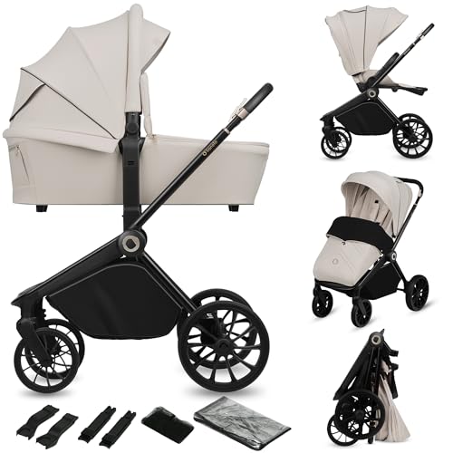 LIONELO MIKA PLUS 2 en 1 Cochecito de bebé 0 48 meses hasta 22 kg Capazo hasta 9 kg, Ajuste de Respaldo y Reposapiés, Suspensión, AiryDots, Ruedas de PU giratorias 360° Capota XXL (Beige)