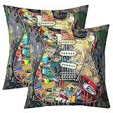 Photo Gallery loussiesd set di 2 federe per cuscino con chitarra rock, 55 x 55 cm, morbide, vintage, con strumenti musicali, decorazione per la casa Photo Gallery loussiesd set di 2 federe per cuscino con chitarra rock, 55 x 55 cm, morbide, vintage, con strumenti musicali, decorazione per la casa