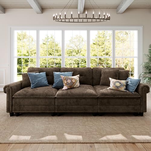 Image of SUNSHINE VALLEY 103.1 inch Modular Sectional Couch for Living Room Deep Seats | Mid-Century Modern 3-Seater Cloud Sofa, Grayish Brown, Rolled Arms & Nailhead Trim, Wider & Deeper Seats, Soft Chenille