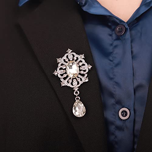 Image of Kercisbeauty Banquet Teardrop Dangle Silver Brooch for Suit Derss Unisex Sparkle Brooches Wedding Prom Special Occasion Jewelry(Silver)