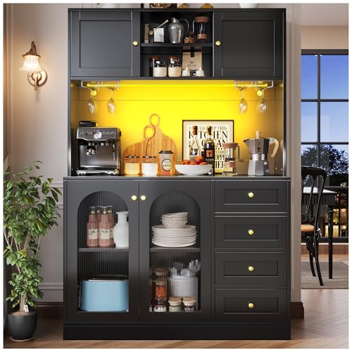 Wyibwy Mueble alto de almacenamiento, mueble de cocina, aparador, con iluminación LED y botellero, cuatro puertas y cuatro cajones, mueble de cocina, 120 x 40 x 188 cm (negro)
