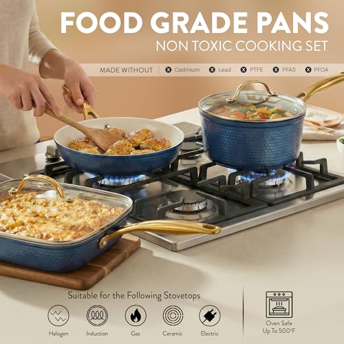 Gotham Steel Hammered 20Pcs Ceramic Cookware Set, Induction Pots and Pans Set Non Stick with Deep Fry Pan, Steamer, & Bakeware, Non Toxic PFOA PFOS Free, Oven & Dishwasher Safe - Image 3