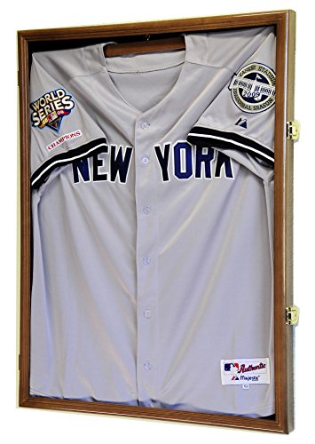 Sports Jersey Display Case Select Your Size 98% UV Lockable 3 Sizes to Choose Uniform Jacket Frame (Walnut Wood Finish, Large Jersey=31.5x23.5x2)