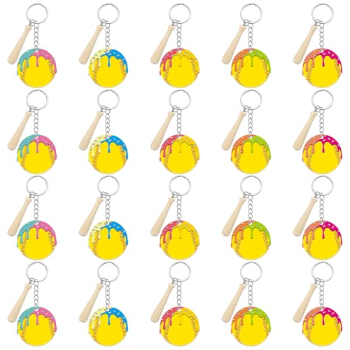 Equsion 20 Pcs Ice Cream Drip Softball Acrylic Keychains Bulk DIY Name Softball Team Player Gifts with Wooden Ball Bat Pendant Metal Ring Sports Party Supplies Decorations for Women Teammates