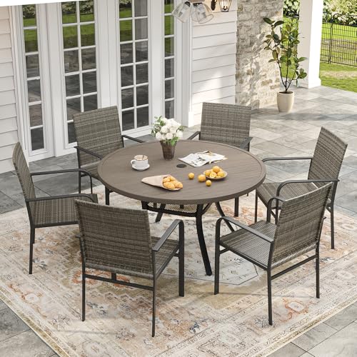 VICLLAX 7 Pieces Round Outdoor Dining Set with Rattan Patio Chairs, 47 Inch Round Patio Table, Adjustable Umbrella Hole & Storage Shelf–Patio Furniture for Lawn, Grey Wicker and Antique Grey Tabletop